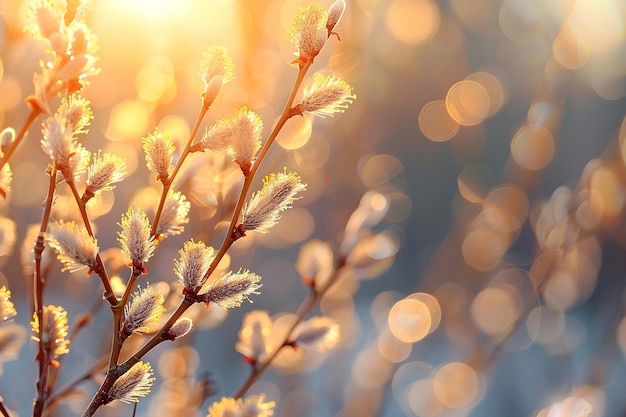 Foto fundo de primavera com galhos de salgueiro à luz do sol páscoa e domingo de ramos