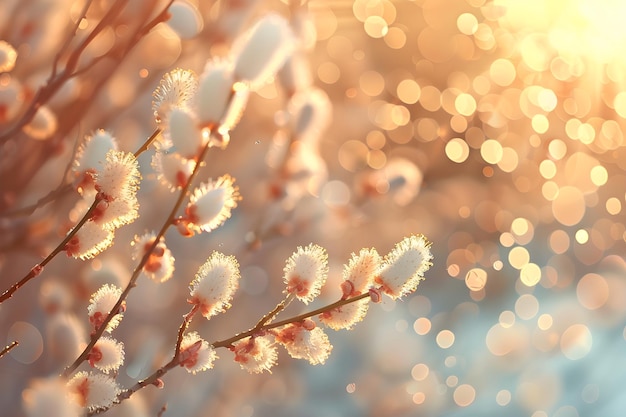 Foto fundo de primavera com galhos de salgueiro à luz do sol páscoa e domingo de ramos