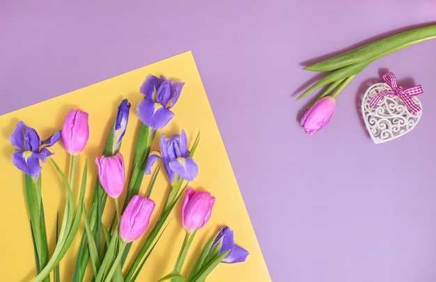 Fundo de primavera com tulipas e íris para o dia das mães, o dia das mulheres ou o dia dos namorados