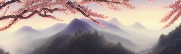 Fundo de primavera em estilo cartoon Magnólia de cerejeira sakura rosa e roxa em flor Paisagem horizontal asiática