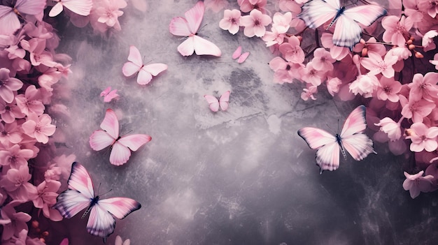 Fundo de primavera natural abstrato com borboletas e flores de prado de antracita clara em close-up