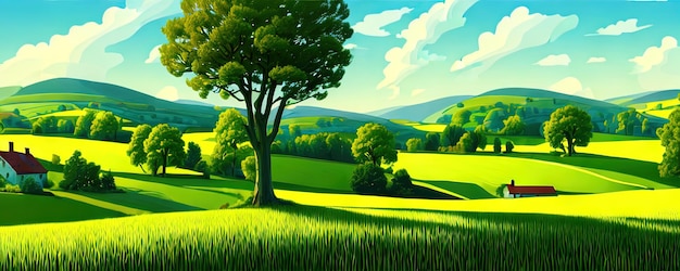 Fundo de primavera Árvores de prado verde Ilustração dos desenhos animados da bela paisagem do vale de verão com céu azul verde