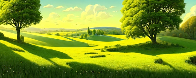 Fundo de primavera Árvores de prado verde Ilustração dos desenhos animados da bela paisagem do vale de verão com céu azul verde