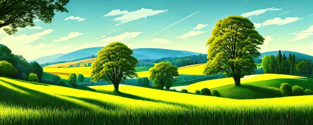 Fundo de primavera Árvores de prado verde Ilustração dos desenhos animados da bela paisagem do vale de verão com céu azul verde