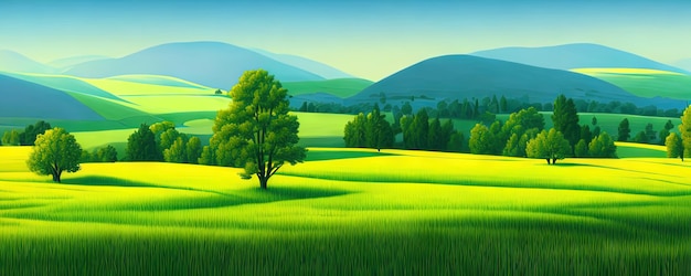 Fundo de primavera Árvores de prado verde Ilustração dos desenhos animados da bela paisagem do vale de verão com céu azul verde