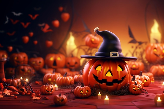 Fundo de quadro de Halloween 3D com abóboras assustadoras