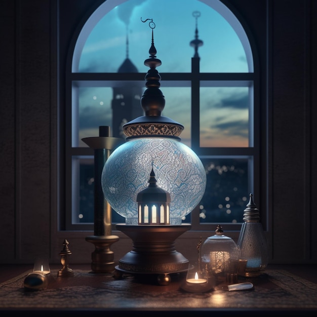 Fundo de Ramadan Kareem com lanterna árabe e renderização 3d de vela acesa