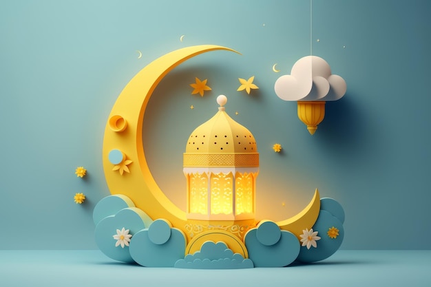 Fundo de Ramadan Kareem com lua crescente e nuvens Generative AI