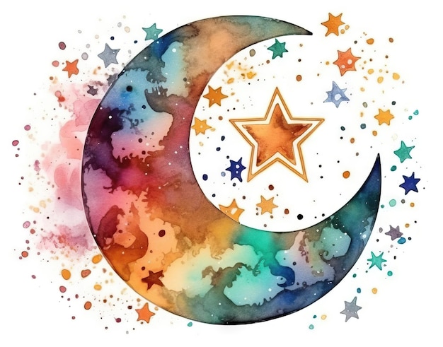 Fundo de Ramadan Kareem gerado por IA com lua crescente e aquarela de estrelas