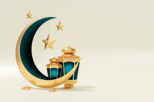 Fundo de renderização 3d das estrelas da lua do ramadan kareem e lanterna