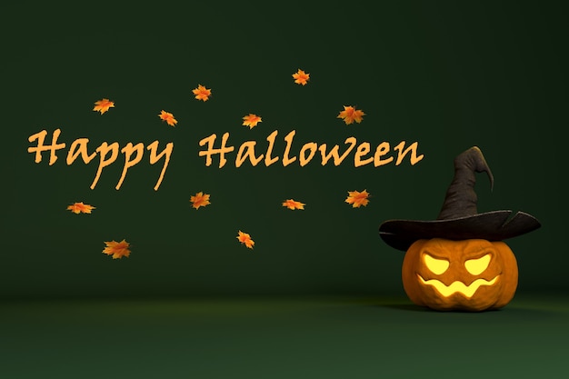 Foto fundo de renderização 3d para design gráfico para o feriado de halloween com uma abóbora e uma inscrição