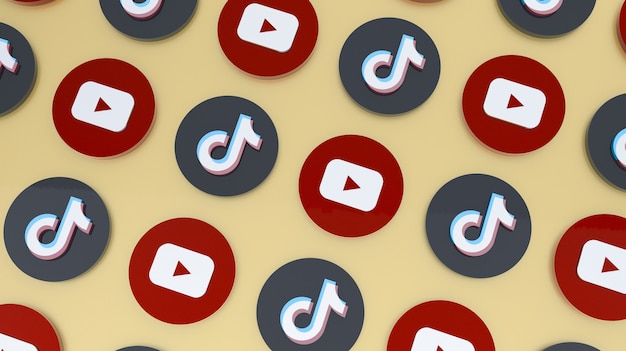 Fundo de renderização em 3d dos ícones do youtube e tiktok