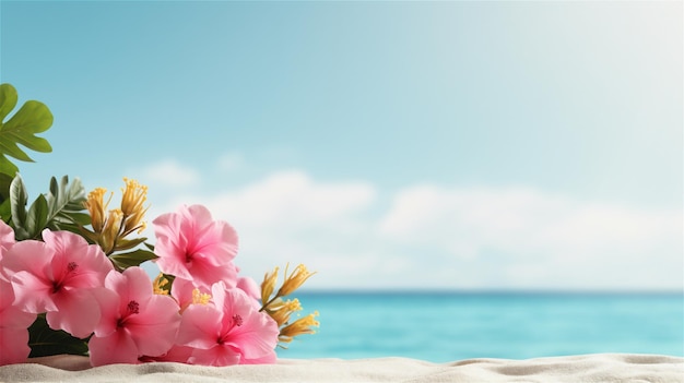 Fundo de resort de praia de verão com flores em flor em close-up Água do oceano azul e praia de areia