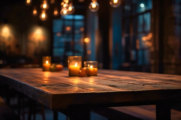 Fundo de restaurante de luzes desfocadas na frente da mesa de madeira