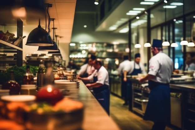 Fundo de restaurante desfocado com algumas pessoas comendo e chefs e garçons trabalhando IA gerativa