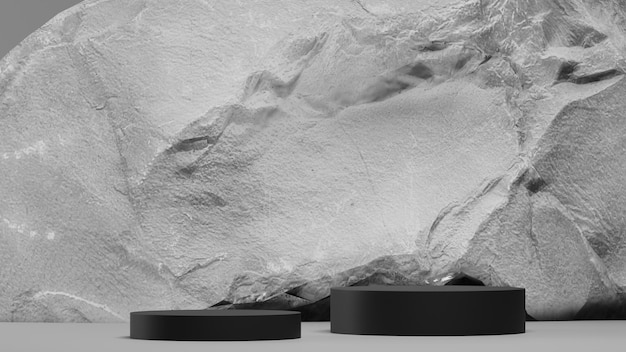 fundo de rocha monocromática cinza com pedestal preto ou maquete de pódio de pedra, exibição de plataforma vazia