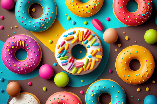 Fundo de rosquinhas coloridas Rosquinhas vitrificadas de cores vibrantes com decoração granulada Generative Ai