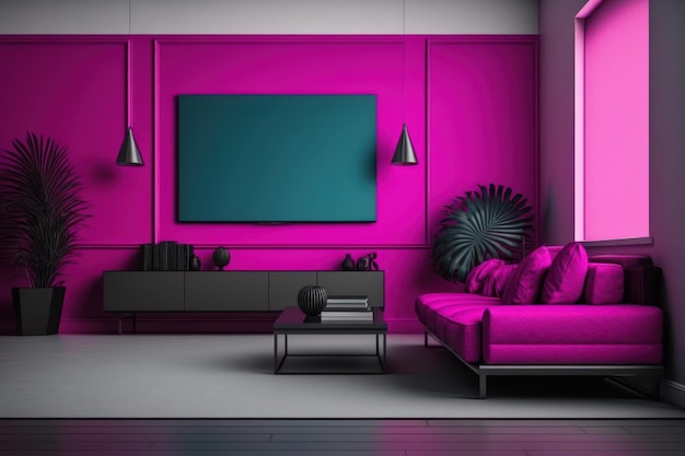 Fundo de sala de estar minimalista em tom de magenta viva de luxo na moda