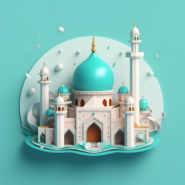 Fundo de saudação do Ramadã islâmico com mesquita 3D fofa e ornamentos do crescente islâmico