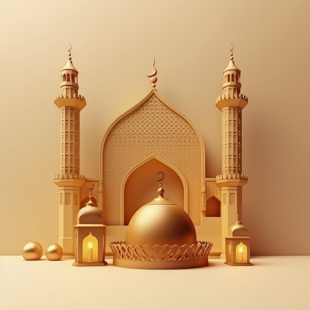 Fundo de saudação do Ramadã islâmico com mesquita 3D fofa e ornamentos do crescente islâmico