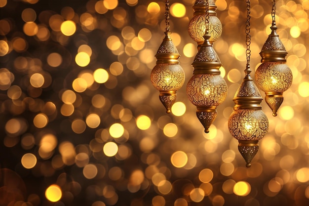 Foto fundo de saudação islâmico ramadan kareem com pódio de lanterna de mesquita de ouro 3d e ornamentos crescentes