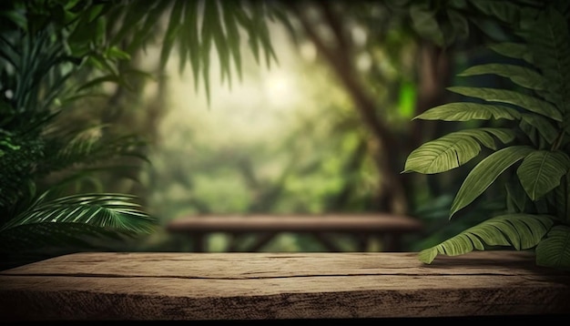 Foto fundo de selva de foco suave criado e mesa de madeira ia generativa