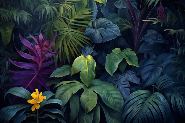 Fundo de selva tropical escura com folhas e flores de monstera