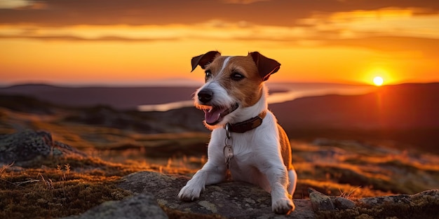 Fundo de silhueta de um lindo feliz jack russell terrier cão de estimação Verão pôr do sol nascer do sol paisagem bandeira Cão viajando e caminhando