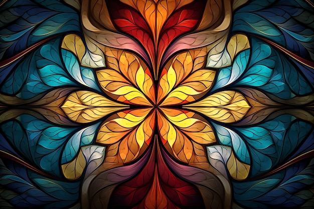 Fundo de simetria de ornamento de vitral com padrão fractal abstrato colorido