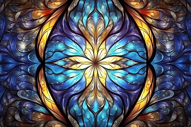Fundo de simetria de ornamento de vitral com padrão fractal abstrato colorido