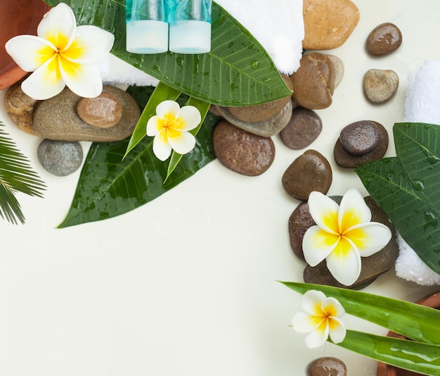 Fundo de spa com folhas verdes pedras flores e cosméticos em branco