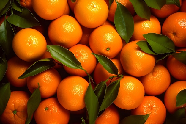 Foto fundo de tangerinas frescas ou laranjas com folhas verdes