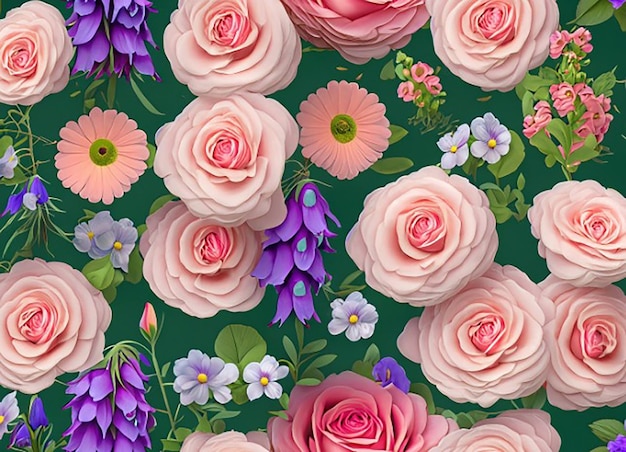 Fundo de tecido floral sem costura inspirado em um jardim de casa de campo com uma encantadora mistura de rosas