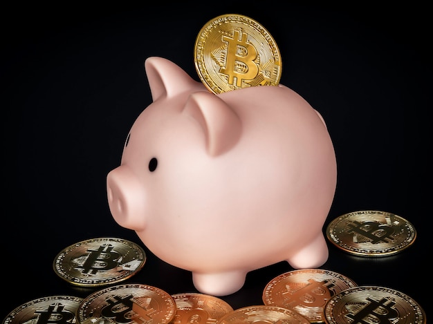 Fundo de tecnologia Bitcoin. Bitcoin dourado com o cofrinho rosa sobre fundo escuro. Carteira digital, benefício do investimento em criptomoeda e conceito de economia.
