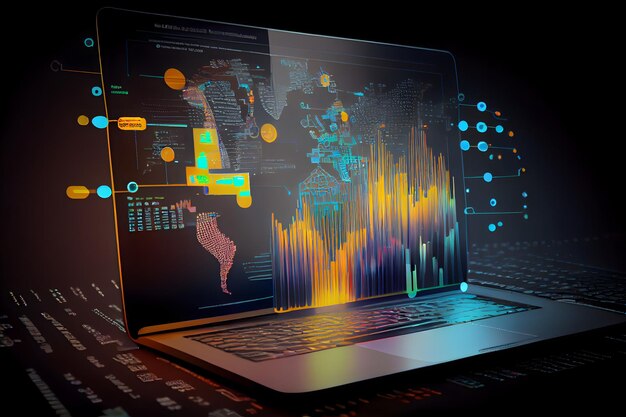 Fundo de tecnologia de big data Usando um laptop no contexto da visualização de uma informação de análise de conexão social de rede de internet de computador Ai Generative