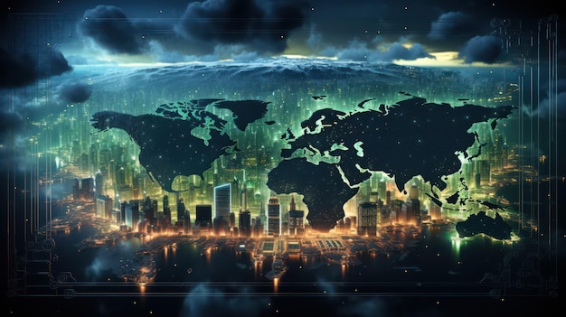 Fundo de tecnologia de mapa mundial com luz brilhante