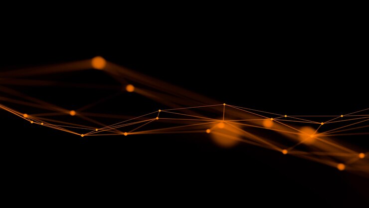 Fundo de tecnologia digital abstrato laranja com linhas de conexão de rede