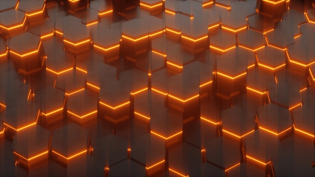 Fundo de tecnologia feito de hexágonos com renderização 3D de brilho laranja