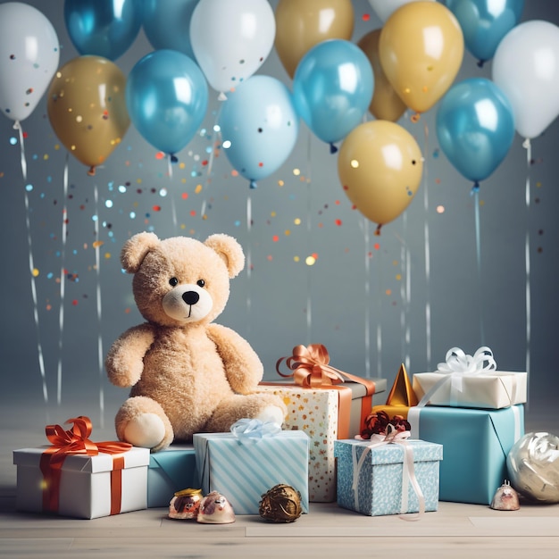 Fundo de tema de festa de aniversário infantil com balões e um ursinho de pelúcia sentado em presentes
