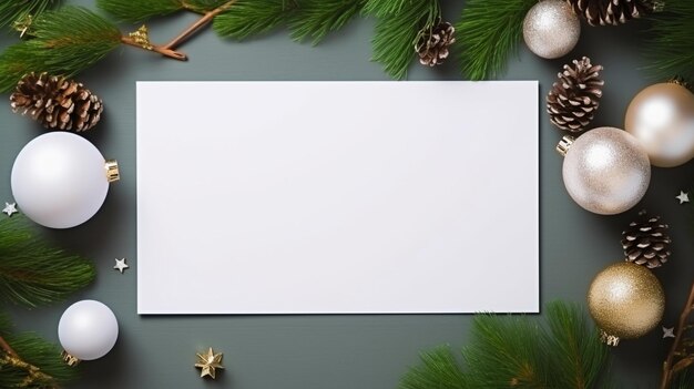 Fundo de tema de Natal com vista superior do cartão postal branco 5 x 7 em branco