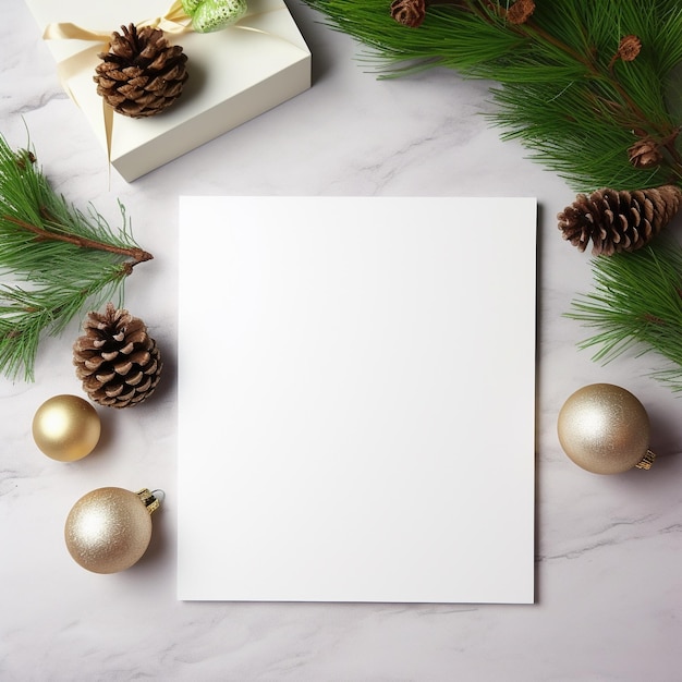 Fundo de tema de Natal com vista superior do cartão postal branco 5 x 7 em branco