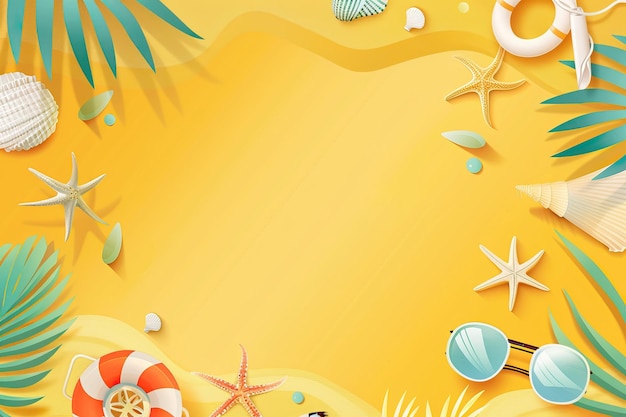 Fundo de tema de verão Fundo amarelo Acessórios em areia amarela Bandeira de férias de verão El verão
