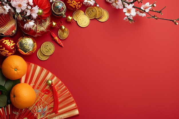 Fundo de tema do Ano Novo Chinês com fãs vermelhos moedas de ouro tangerinas flores de cerejeira férias ramos dourados decoração desejos envelopes