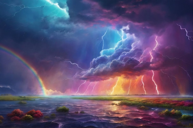 Fundo de tempestade de arco-íris Fundo colorido de céu tempestuoso Fundo de tempestade de céu colorido relâmpago AI generativo