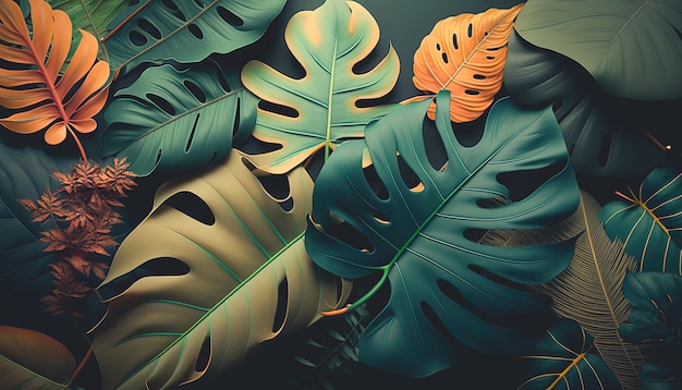 Fundo de textura com diferentes folhas exóticas generativas Al
