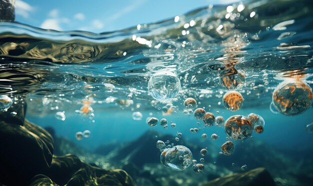 Foto fundo de textura de água, bolhas na água. foco suave seletivo.