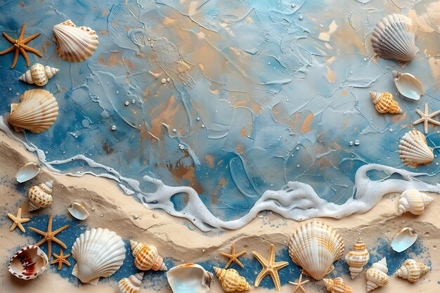 Foto fundo de textura de conchas com fragmentos de conchas e praia de areia eles collage layout nice art