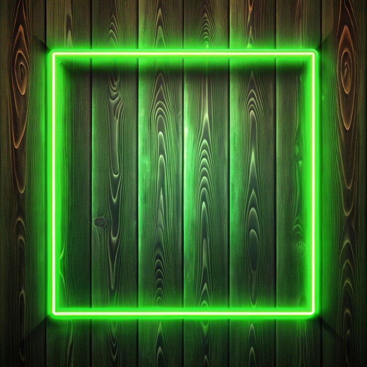 Foto fundo de textura de madeira escura com luz de néon verde retângulo de quadro de linha e brilhante
