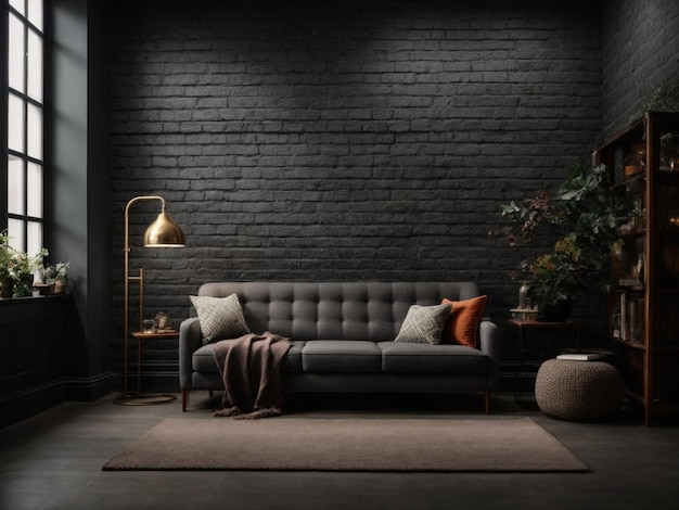 Foto fundo de textura de parede de tijolos grunge cinza escuro e preto com mobiliário sofá e decoração