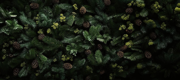 Fundo de textura verde escura enfeitar galhos de árvores de Natal com banner de cones